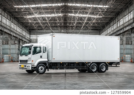 Focused Detail on White Cargo Truck Inside Industrial Warehouse Setting Focused Detail on White Cargo Truck Inside Industrial Warehouse Setting 127859904