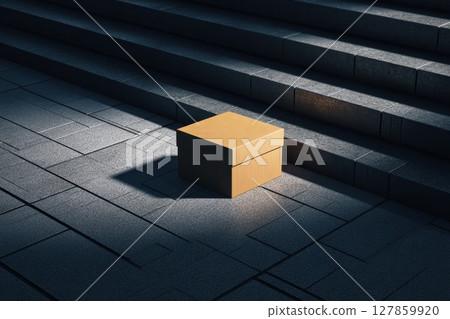 Minimalist packaging box placed diagonally in subtle sunlight on textured stone steps 127859920