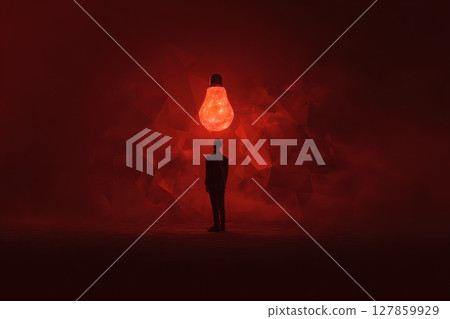 A man stands in front of a red wall with a glowing light bulb on his head A man stands in front of a red wall with a glowing light bulb on his head 127859929