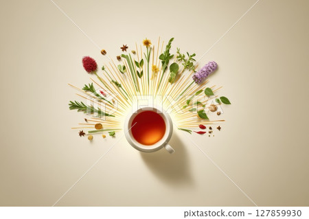 Radiant Cup of Tea Surrounded by Natural Ingredients in a Colorful Radial Burst Arrangement Radiant Cup of Tea Surrounded by Natural Ingredients in a Colorful Radial Burst Arrangement 127859930