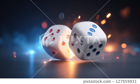 Two dice are shown in the air, one of which is red and blue 127859931