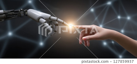 Close-Up of Robotic Hand Gently Touching Human Finger in Futuristic Background 127859937