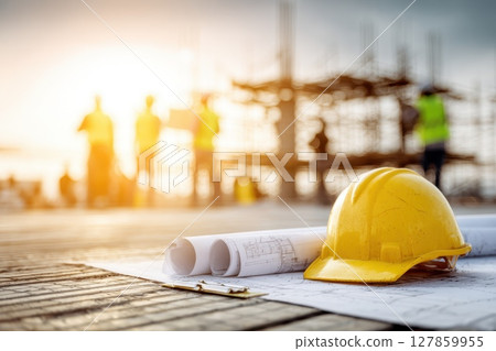 Construction Scene with Hard Hat, Plans, and Scaffolding Under Bright Safety Lighting 127859955