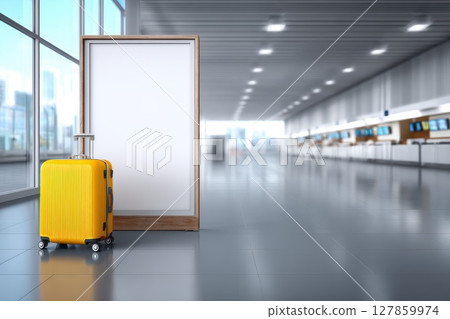 Empty Modern Billboard Displayed Above Airport Check-In Counter with Yellow Luggage Empty Modern Billboard Displayed Above Airport Check-In Counter with Yellow Luggage 127859974