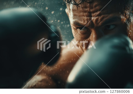 Intense Boxer Dodging a Punch with Sweat Flying in a Dramatic Boxing Environment Intense Boxer Dodging a Punch with Sweat Flying in a Dramatic Boxing Environment 127860006