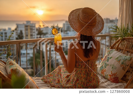 Person Enjoying Cold Drink at Sunset on Balcony with City View in Background Person Enjoying Cold Drink at Sunset on Balcony with City View in Background 127860008