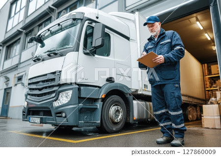 Driver in Blue Uniform Stepping Out of White Cargo Truck at Warehouse Loading Dock Driver in Blue Uniform Stepping Out of White Cargo Truck at Warehouse Loading Dock 127860009