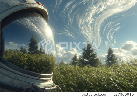 Close-Up of an Astronaut Helmet Reflection Capturing a Surreal Sky and Lush Landscape 127860010