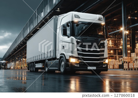 Urban Logistics Scene Featuring a Single White Truck in a Minimalist Setting Urban Logistics Scene Featuring a Single White Truck in a Minimalist Setting 127860018