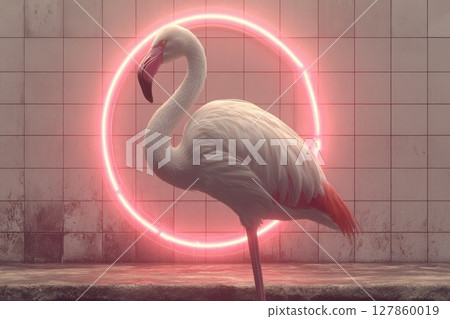 Flamingo Sitting Awkwardly at Poker Table Surrounded by Neon Lights in Artistic Setting 127860019