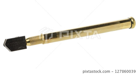 Hand glass cutter with gold metal body and black cutting element, on isolated background 127860039