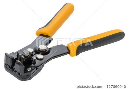 Close up of hand held wire stripper tool with yellow and black handles placed on isolated background. Close up of hand held wire stripper tool with yellow and black handles placed on isolated background. 127860040