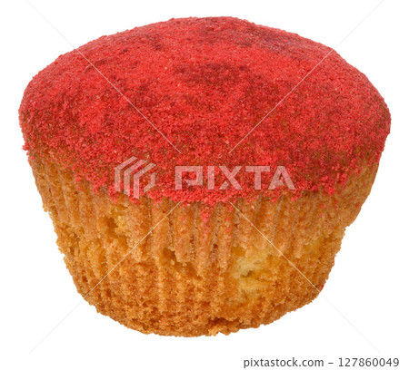 A single red velvet cupcake with red crumbs on top A single red velvet cupcake with red crumbs on top 127860049