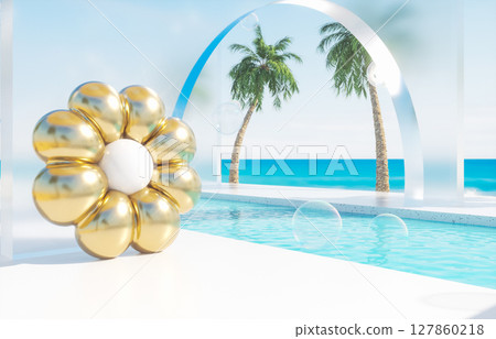 Summer swimming pool scene with colorful inflatable. 3d rendering background 127860218