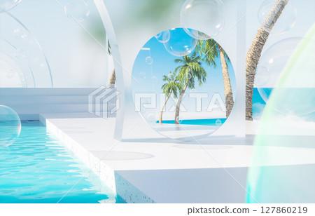Summer swimming pool scene with a mirror reflection the sky. 3d rendering background 127860219