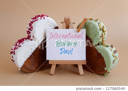International bakery day celebration Heart shaped different variety flavor croissants on beige background with copy space. Puff pastry new trendy sweet dessert bakery. Creamy dough 127860540