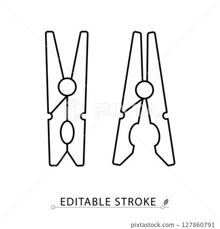 Clothespins icon in minimalist style with editable stroke. Laundry accessory, drying clip, household item, clothing care tool, peg symbol, sanitation object, outline drawing, vector line illustration. 127860791