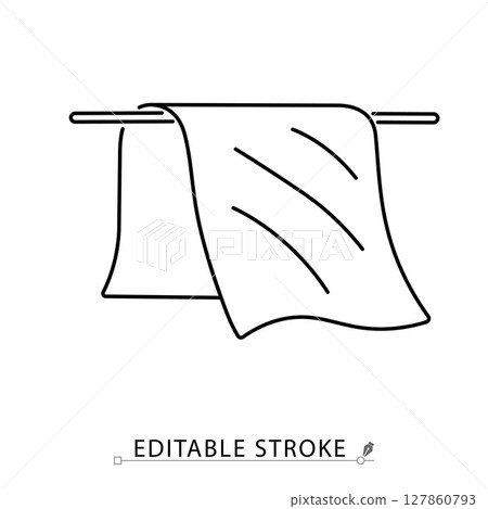 A cloth on bar icon in minimalist style with editable stroke. Hanging fabric, drying textile, household cleaning, laundry element, towel or rag, clothing care, outline object A cloth on bar icon in minimalist style with editable stroke. Hanging fabric, drying textile, household cleaning, laundry element, towel or rag, clothing care, outline object 127860793
