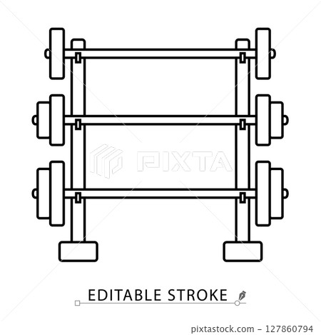 A weight rack icon in minimalist style with editable stroke. Dumbbell storage, gym equipment, fitness training, bodybuilding gear, strength workout, lifting tools, outline object, vector illustration. A weight rack icon in minimalist style with editable stroke. Dumbbell storage, gym equipment, fitness training, bodybuilding gear, strength workout, lifting tools, outline object, vector illustration. 127860794