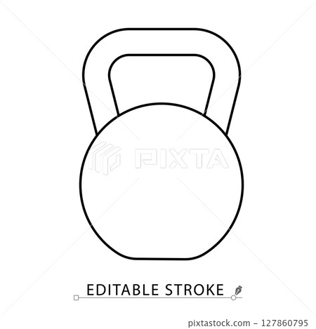 A kettlebell icon in minimalist style with editable stroke. Strength training, gym equipment, weightlifting tool, fitness object, bodybuilding gear, workout element, outline vector illustration. 127860795