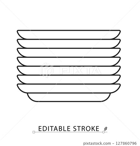 A stack of plates icon in minimalist style with editable stroke. Kitchen tableware, dish set, organized dishes, serving items, household object, ceramic cookware, outline drawing A stack of plates icon in minimalist style with editable stroke. Kitchen tableware, dish set, organized dishes, serving items, household object, ceramic cookware, outline drawing 127860796