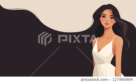 Beautiful young woman with long hair modern background, poster for beauty salon, hair care, cosmetics and makeup. Girl model in white dress. Flat vector banner. 127860904