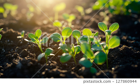 Sprouted plant seeds in the ground. Sprouts of seedlings 127860944