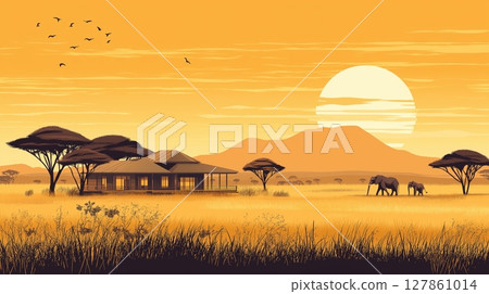 Safari lodge at sunset in an african landscape with giraffes and elephants. 127861014