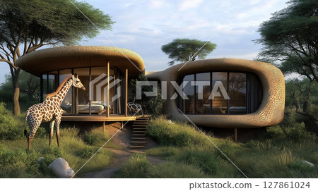 Giraffe standing in front of a unique safari lodge in the African savanna. 127861024