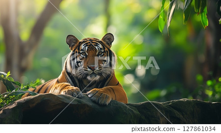 Close up portrait of a powerful tiger in a dense jungle. Wild animal in lush green foliage. 127861034