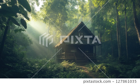 Traditional hut in tropical jungle. Mystical forest landscape at sunrise. 127861035