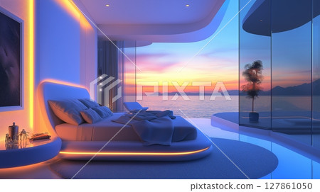 Modern bedroom with stunning ocean view during sunrise offers serenity and tranquility 127861050
