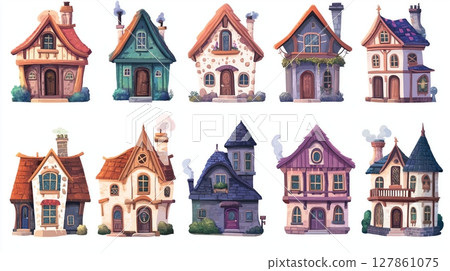 Charming collection of whimsical houses with unique designs set against a white background 127861075