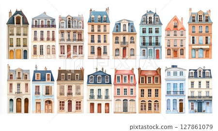 Colorful set of charming European buildings with varied architectural styles and vibrant hues Colorful set of charming European buildings with varied architectural styles and vibrant hues 127861079