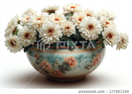 Perfect for interior design. Chrysanthemums plant with white flowers on a white background. Small potted plant. 127861100