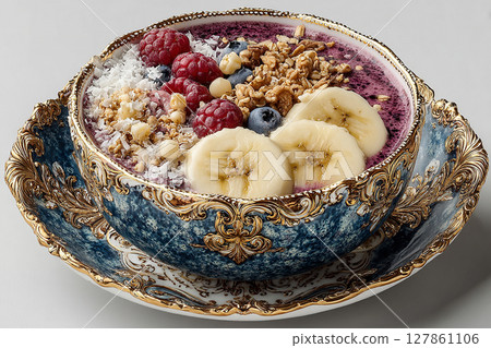 Expensive tableware. Colorful acai bowl with banana slices, coconut flakes and granola on a white background. Healthy and Wellness Breakfast for luxury resorts. Expensive tableware. Colorful acai bowl with banana slices, coconut flakes and granola on a white background. Healthy and Wellness Breakfast for luxury resorts. 127861106