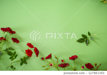 Floral arrangement with mini roses on green background Floral arrangement with mini roses on green background 127861383