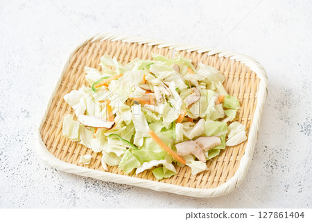 用漏杓切蔬菜(高麗菜、蘑菇、胡蘿蔔) 用漏杓切蔬菜(高麗菜、蘑菇、胡蘿蔔) 127861404