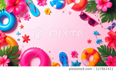 芙蓉花、沙灘涼鞋、太陽眼鏡等讓人聯想到夏天的鏡框 127861421