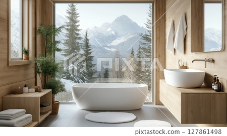 Modern bathroom interior with a large window overlooking a snowy mountain 127861498