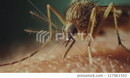 Close-up view of a mosquito feeding on skin 127861503