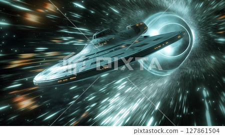 Science fiction spaceship travels through a swirling black hole in a distant galaxy 127861504