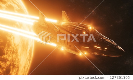 Spaceship travels near a blazing star, showcasing exploration in a distant galaxy 127861505