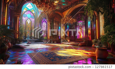 Enchanting ornate gothic cathedral hall with vibrant stained glass windows. Enchanting ornate gothic cathedral hall with vibrant stained glass windows. 127861517
