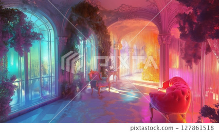 Grand, overgrown hall interior bathed in vibrant, colorful light with chairs. 127861518