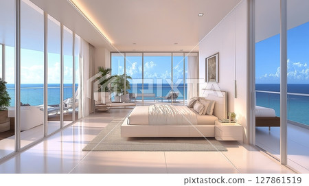 Minimalist bedroom with ocean view. Luxury hotel room with beach 127861519