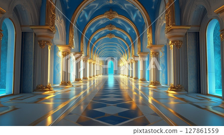Grand palace blue interior of a historic hall with intricate designs and vibrant colors 127861559