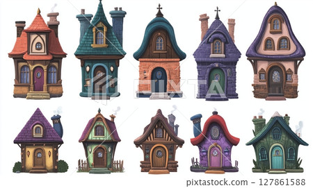 Colorful whimsical cottages in a charming village unique designs and playful architecture 127861588