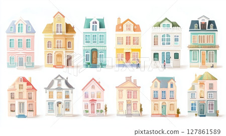Colorful miniature houses arranged in a decorative pattern for home decor and art display Colorful miniature houses arranged in a decorative pattern for home decor and art display 127861589