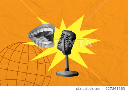 Human mouth talking on a vintage microphone on a colored background. Collage art 127861663
